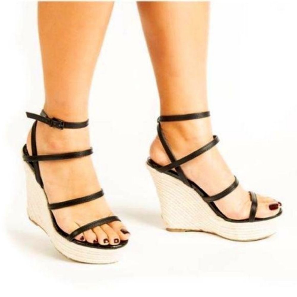 Strappy Espadrille Wedges in Black - Picture 2 of 6